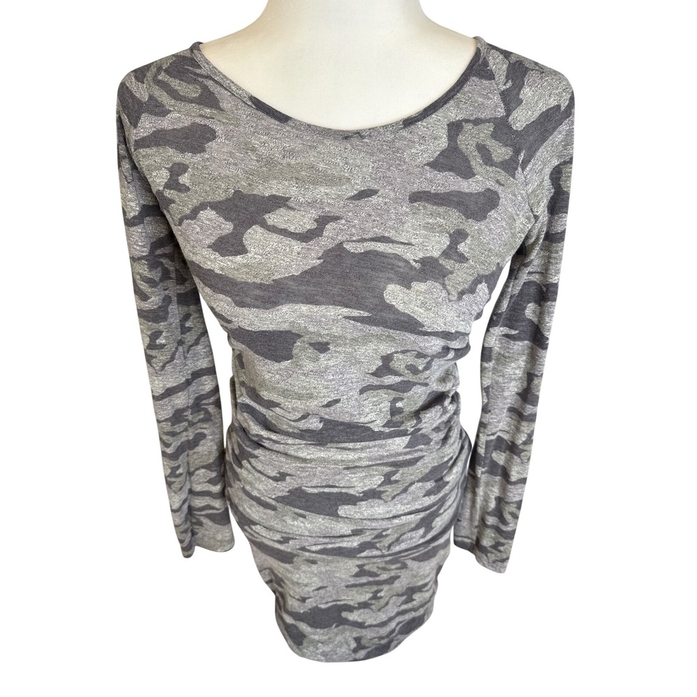 MONROW Revolve Women's Camo Long Sleeve Ruched Mini-Midi Dress Work Party Small - Picture 4 of 10